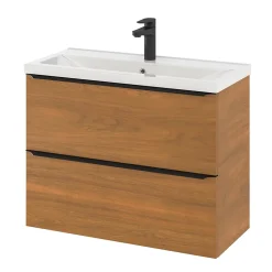 Meuble vasque suspendu faible profondeur effet noyer l.80 cm Imandra + plan vasque blanc céramique Nira, GoodHome