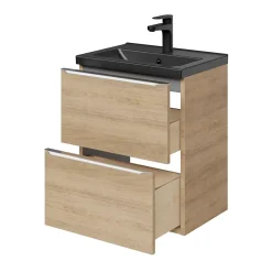 Meuble vasque suspendu faible profondeur effet chêne l.50 cm Imandra + plan vasque noir céramique Nira, GoodHome