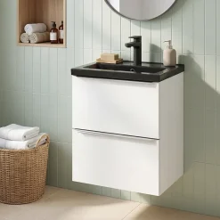 Meuble vasque suspendu faible profondeur blanc brillant l.50 cm Imandra + plan vasque noir céramique Nira, GoodHome