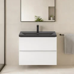 Meuble vasque suspendu faible profondeur blanc brillant l.80 cm Imandra + plan vasque noir céramique Nira, GoodHome