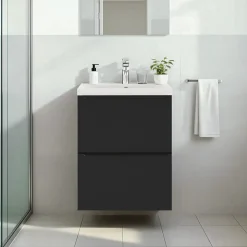 Meuble vasque suspendu faible profondeur noir mat l.50 cm Imandra + plan vasque blanc céramique Nira, GoodHome