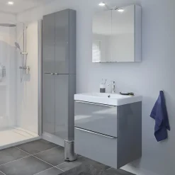 Meuble vasque suspendu gris brillant l.60 cm Imandra + plan vasque blanc céramique Nira, GoodHome