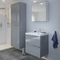 Meuble vasque suspendu gris brillant l.60 cm + plan vasque blanc céramique Lana, GoodHome