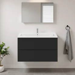 Meuble vasque suspendu noir mat l.100 cm Imandra + plan vasque blanc céramique Nira, GoodHome