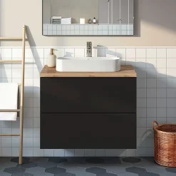 Meuble vasque suspendu noir mat l.80 cm Imandra + plan de toilette effet chêne, GoodHome