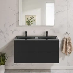 Meuble vasque suspendu noir mat l.120 cm Imandra + plan double vasque noir céramique Nira, GoodHome