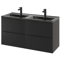 Meuble vasque suspendu noir mat l.120 cm Imandra + plan double vasque noir céramique Nira, GoodHome