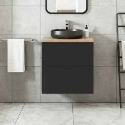 Meuble vasque suspendu noir mat l.60 cm Imandra + plan de toilette effet chêne, GoodHome
