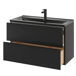 Meuble vasque suspendu noir mat l.100 cm Imandra + plan vasque noir céramique Nira, GoodHome