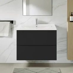 Meuble vasque suspendu noir mat l.80 cm Imandra + plan vasque blanc céramique Nira, GoodHome