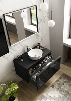 Meuble vasque suspendu noir mat et verre fumé l.90 cm + plan de toilette noir mat, Pura+