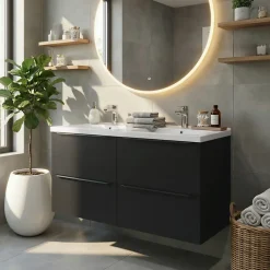 Meuble vasque suspendu noir mat l.120 cm Imandra + plan double vasque blanc céramique Nira, GoodHome
