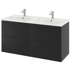 Meuble vasque suspendu noir mat l.120 cm Imandra + plan double vasque blanc céramique Nira, GoodHome