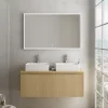 Meuble vasque suspendu plaqué chêne miel strié l.120 cm + plan de toilette plaqué chêne miel pour 2 vasques, Pura+