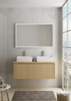 Meuble vasque suspendu plaqué chêne miel strié l.120 cm + plan de toilette plaqué chêne miel pour 2 vasques, Pura+