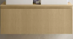 Meuble vasque suspendu plaqué chêne miel strié l.120 cm + plan de toilette plaqué chêne miel pour 2 vasques, Pura+