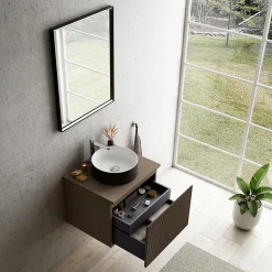 Meuble vasque suspendu plaqué noyer strié l.60 cm + plan de toilette plaqué noyer, Pura+