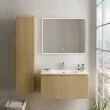 Meuble vasque suspendu plaqué chêne miel strié l.90 cm + plan vasque blanc mat résine, Pura+