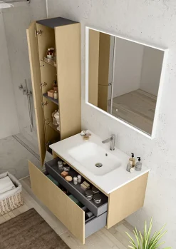 Meuble vasque suspendu plaqué chêne miel strié l.90 cm + plan vasque blanc mat résine, Pura+