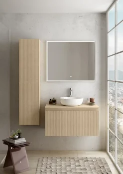 Meuble vasque suspendu plaqué chêne clair strié l.90 cm + plan de toilette plaqué chêne clair, Pura+