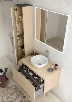 Meuble vasque suspendu plaqué chêne clair strié l.90 cm + plan de toilette plaqué chêne clair, Pura+
