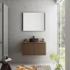 Meuble vasque suspendu plaqué noyer strié l.90 cm + plan de toilette plaqué noyer, Pura+