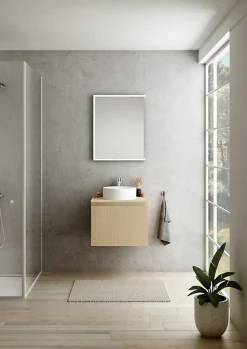 Meuble vasque suspendu plaqué chêne clair strié l.60 cm + plan de toilette plaqué chêne clair, Pura+