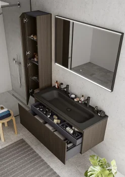 Meuble vasque suspendu plaqué noyer strié l.120 cm + plan vasque noir mat résine pour 2 robinets, Pura+