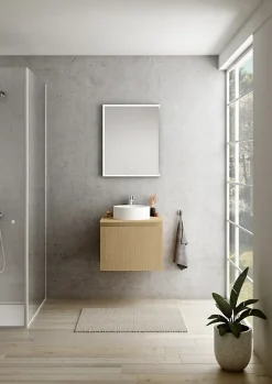 Meuble vasque suspendu plaqué chêne miel strié l.60 cm + plan de toilette plaqué chêne miel, Pura+
