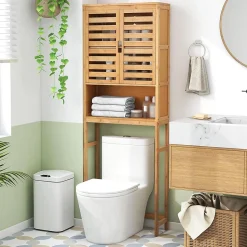 Meuble WC Au Dessus des Toilettes Etagère Haute avec Portes à Persiennes Meuble de Salle de Bain en Bambou