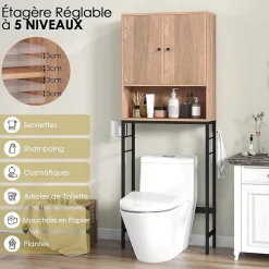 Meuble WC Au Dessus des Toilettes Meuble de Salle De Bain avec Armoire à Double Porte Compartiment Ouvert Naturel