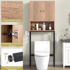 Meuble WC Au Dessus des Toilettes Meuble de Salle De Bain avec Armoire à Double Porte Compartiment Ouvert Naturel
