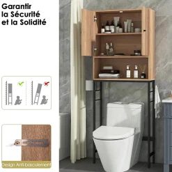 Meuble WC Au Dessus des Toilettes Meuble de Salle De Bain avec Armoire à Double Porte Compartiment Ouvert Naturel