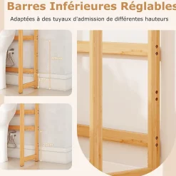 Meuble WC au-Dessus des Toilettes,en Bambou à 3 Niveaux avec 3 Crochets, Étagères et Barres à 3 Niveaux en Métal,71.5x25x166 cm