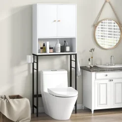 Meuble WC Au-Dessus des Toilettes Meuble de Salle De Bain avec Armoire à Double Porte Compartiment Ouvert Blanc
