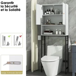 Meuble WC Au-Dessus des Toilettes Meuble de Salle De Bain avec Armoire à Double Porte Compartiment Ouvert Blanc