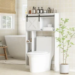 Meuble WC dessus de toilette meuble toilettes - porte coulissante, 6 compartiments - blanc