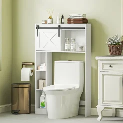 Meuble WC dessus de toilette meuble toilettes - porte coulissante, 6 compartiments - blanc