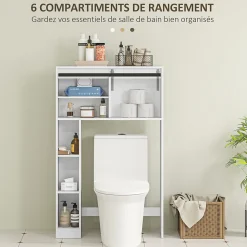 Meuble WC dessus de toilette meuble toilettes - porte coulissante, 6 compartiments - blanc