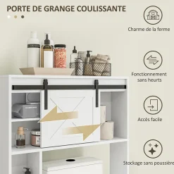 Meuble WC dessus de toilette meuble toilettes - porte coulissante, 6 compartiments - blanc
