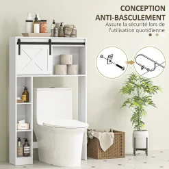 Meuble WC dessus de toilette meuble toilettes - porte coulissante, 6 compartiments - blanc