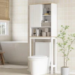 Meuble WC dessus de toilette style bohème - porte coulissante, étagère, niche - effet bois clair blanc