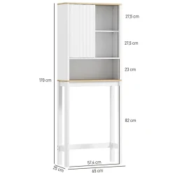Meuble WC dessus de toilette style bohème - porte coulissante, étagère, niche - effet bois clair blanc