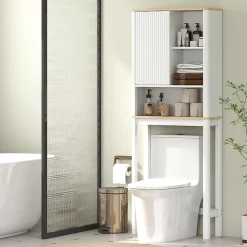 Meuble WC dessus de toilette style bohème - porte coulissante, étagère, niche - effet bois clair blanc