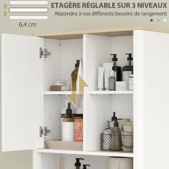 Meuble WC dessus de toilette style bohème - porte coulissante, étagère, niche - effet bois clair blanc