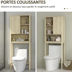 Meuble WC dessus de toilette style bohème - porte coulissante, étagère, niche - effet bois clair