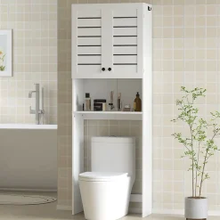 Meuble WC meuble dessus toilettes style classique chic 2 portes étagère niche blanc