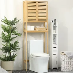 Meuble WC meuble dessus toilettes style cosy dim. 60L x 23l x 173H cm portes à lattes étagère bambou MDF aspect bois clair