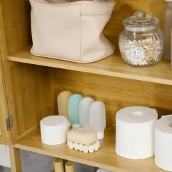 Meuble WC meuble dessus toilettes style cosy dim. 60L x 23l x 173H cm portes à lattes étagère bambou MDF aspect bois clair