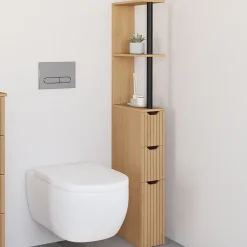 Meuble WC étagère bois JULIETTE 3 portes lattes tasseau bois coloris chêne